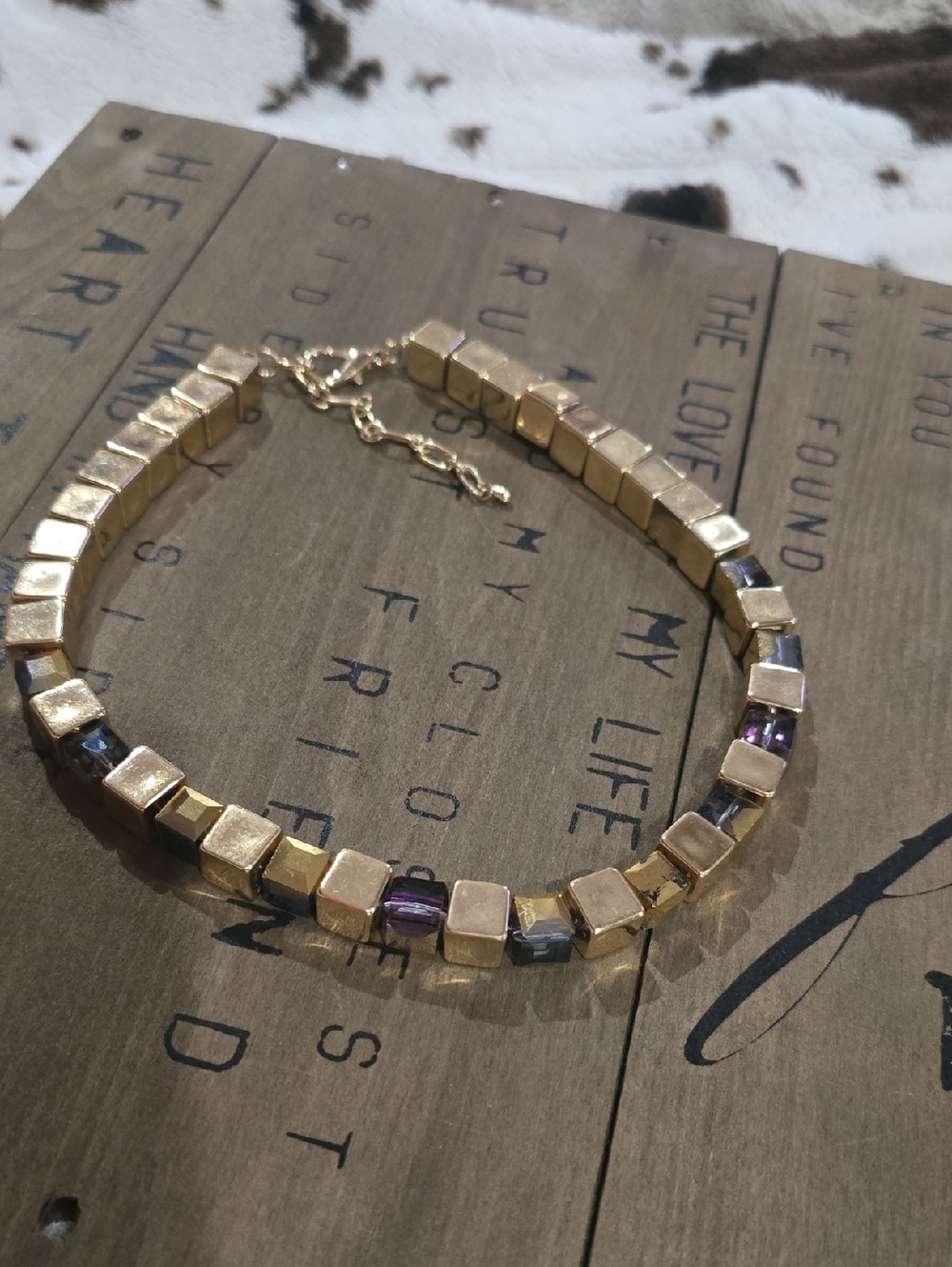 Gold Cube Choker Necklace with Purple Accent Stones